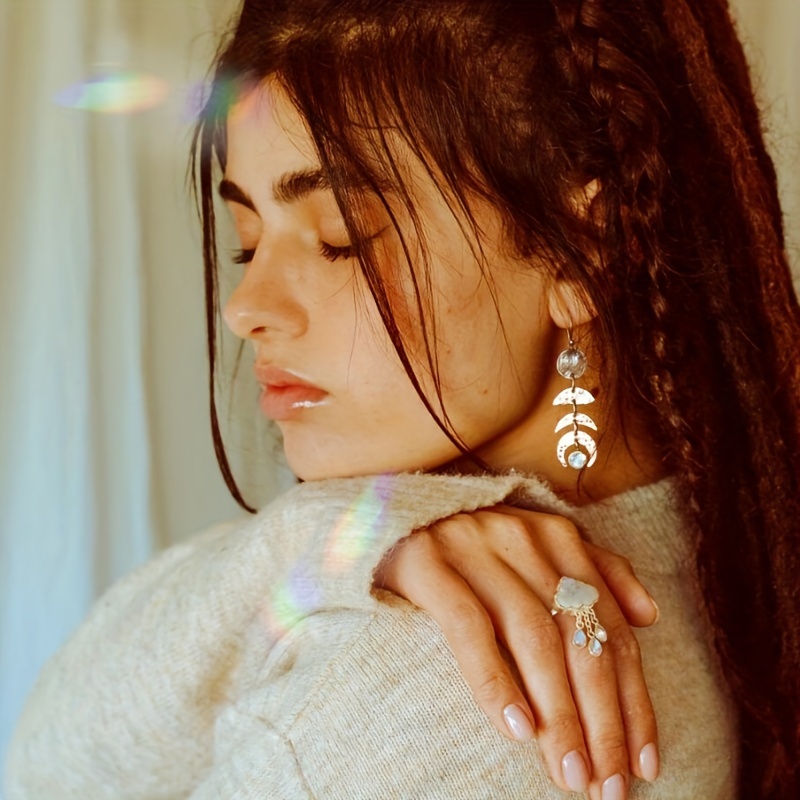 Bohemian Moon Phase Moonstone Pendant Women's Earrings